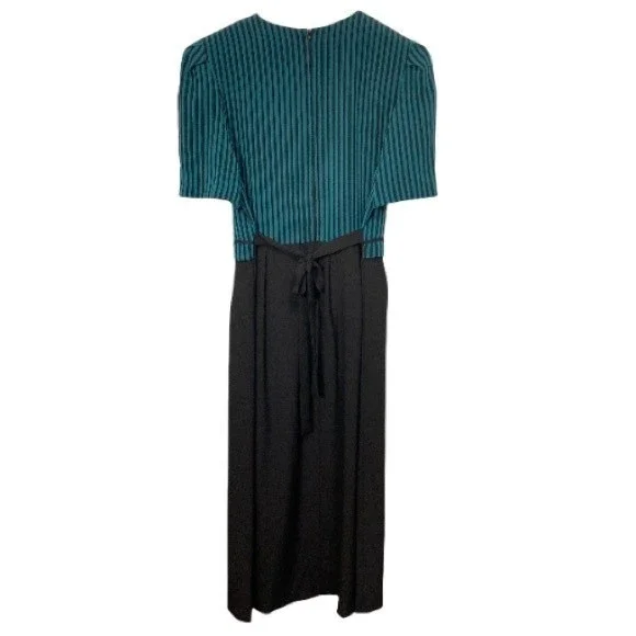 80s Miss Dorby DressTie Back Midi Black Green striped short sleeves size 10 - Picture 8 of 15